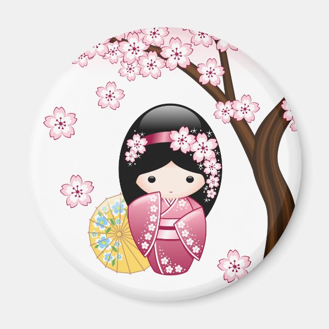 Imán Muñeca Kokeshi de primavera - Chica Geisha japonés (Frente)
