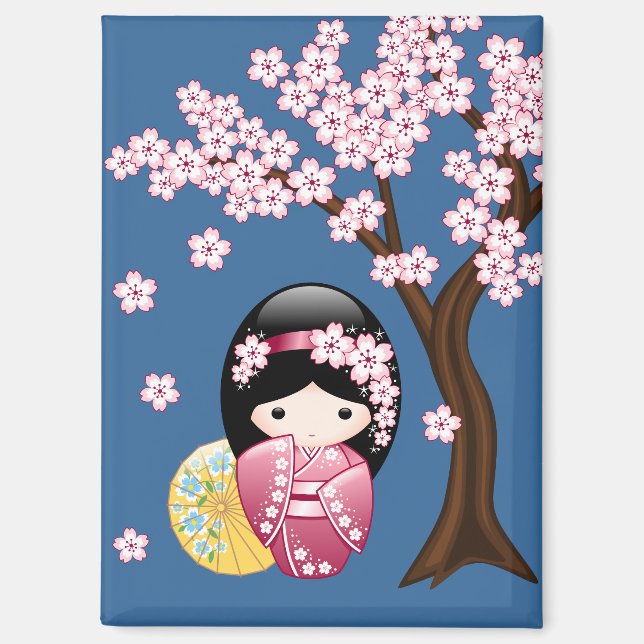 Imán Muñeca Kokeshi de primavera - Geisha japonesa suav (Anverso)