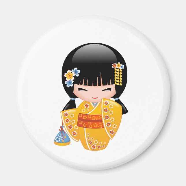 Imán Muñeca kokeshi de verano - Chica Geisha de Kimono  (Frente)