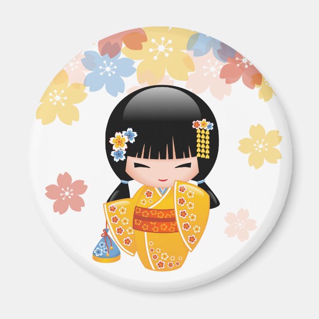 Imán Muñeca kokeshi de verano - Chica Geisha de Kimono  (Frente)
