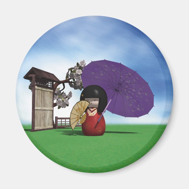 Imán Muñeca Kokeshi Japonesa Arte Flor de Cerezo (Frente)