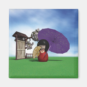 Imán Muñeca Kokeshi Japonesa Arte Flor de Cerezo