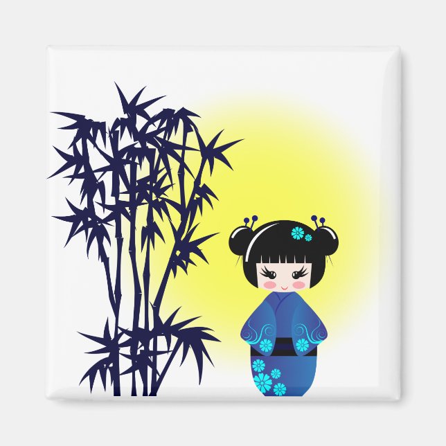 Imán muñeca kokeshi japonesa en bambú durante el amanec (Frente)