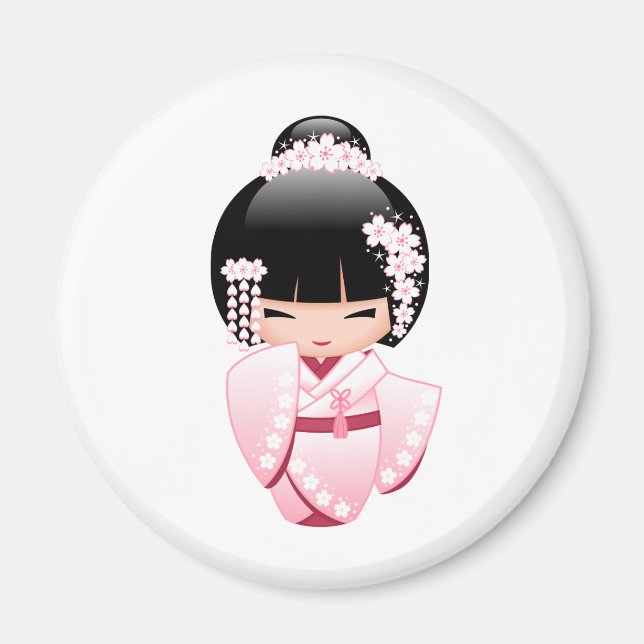 Imán Muñeca Kokeshi kimono blanca - Chica Geisha lindo (Frente)