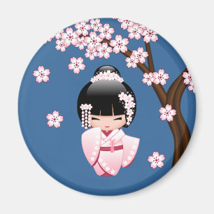 Imán Muñeca Kokeshi Kimono Rosa sobre Azul Redondo