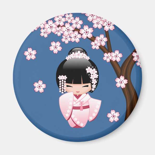 Imán Muñeca Kokeshi Kimono Rosa sobre Azul Redondo (Frente)