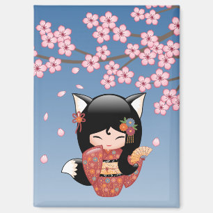Imán Muñeca Kokeshi Kitsune - Chica Geisha Zorro Negro