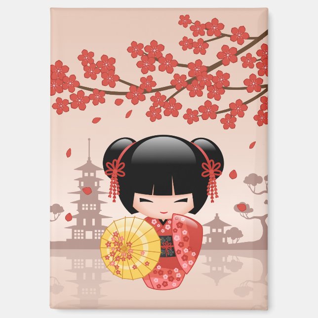 Imán Muñeca Kokeshi Sakura Roja - Geisha Japonesa (Anverso)