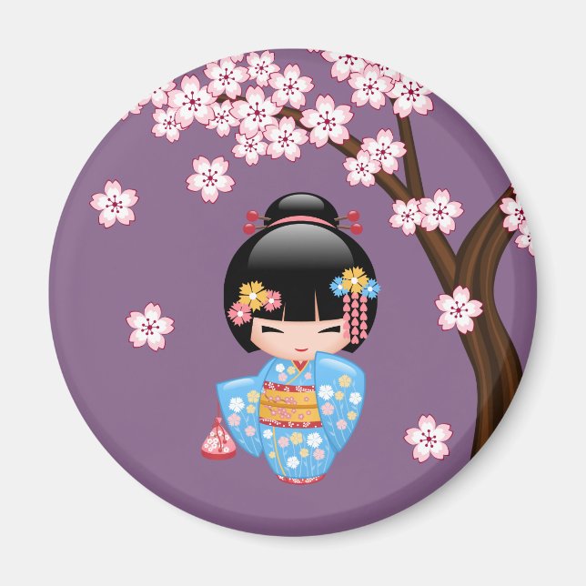 Imán Muñeca Maiko Kokeshi - Chica Geisha de Kimono Azul (Frente)