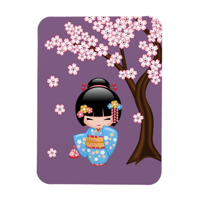 Imán Muñeca Maiko Kokeshi - Chica Geisha de Kimono Azul (Vertical)