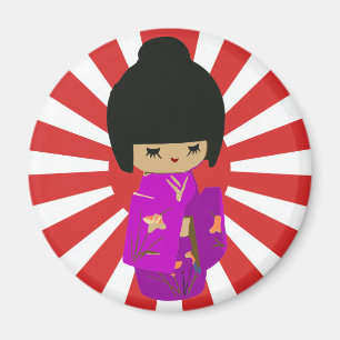 Imán Muñeca rosa dulce Kokeshi sobre el sol naciente