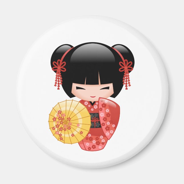 Imán Muñeca Sakura Kokeshi roja - Geisha japonesa banal (Frente)