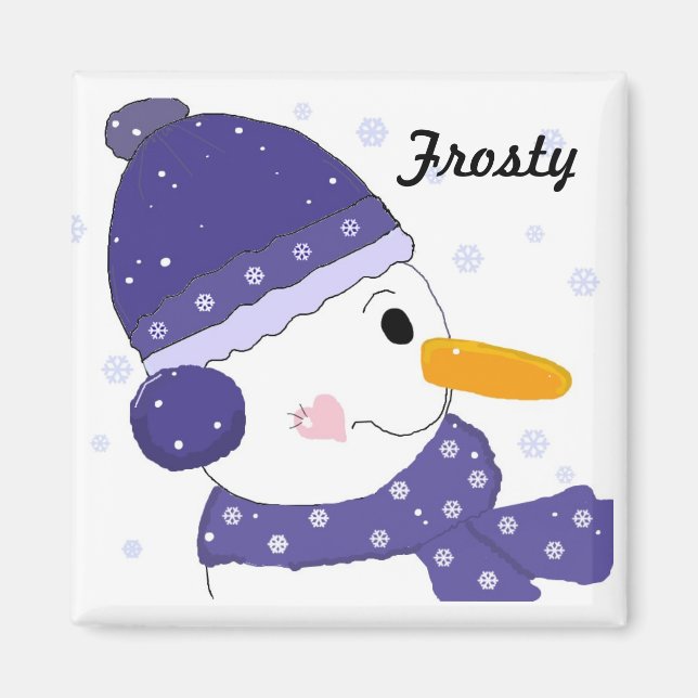 Imán Muñeco de nieve con sombrero azul y bufanda (Frente)