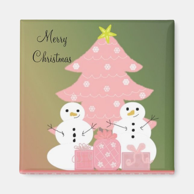 Imán Muñecos de nieve junto a un árbol de Navidad rosa (Frente)