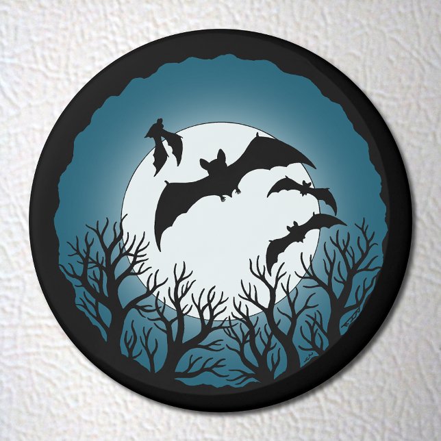 Imán Murciélagos y árboles contra la luna (Bats and Trees Against the Moon Magnet on White Fridge)