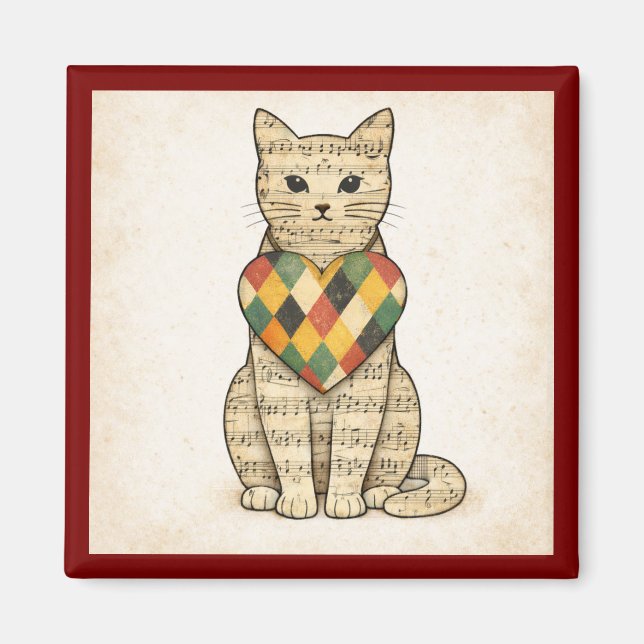 Imán Musical Cat Collage with Harlequin Heart Magnet (Frente)