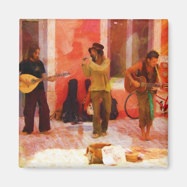 Imán Músicos callejeros tocando guitarra Mandolin y fla (Frente)