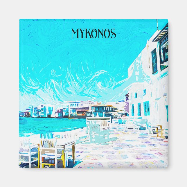 Imán Mykonos Grecia Ilustracion de pintura al petróleo  (Frente)