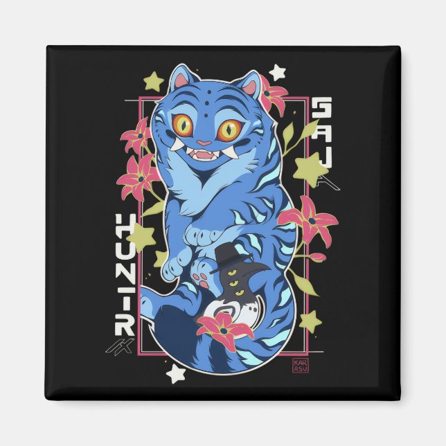 Imán Mystical Blue Tiger Japanese Folk Art Style (Frente)
