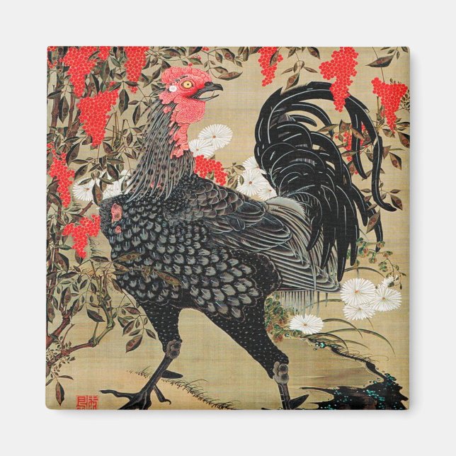 Imán Nandina y el Ilustracion de Rooster de Ito Jakuchu (Frente)