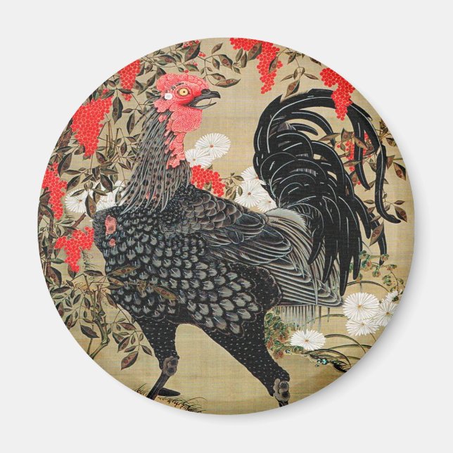 Imán Nandina y el Ilustracion de Rooster de Ito Jakuchu (Frente)