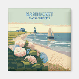 Imán Nantucket Beach Hydrangeas Lighthouse Bote Retro