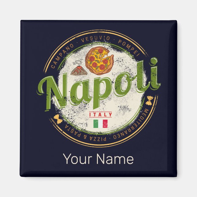 Imán Nápoles Italia Retro Vesuvio Y Pizza Vintage (Frente)