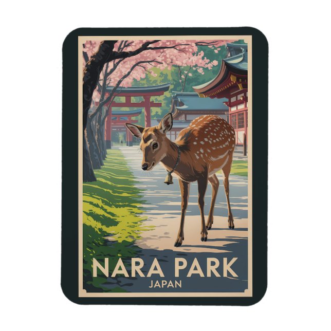 Imán Nara Park Japan Deer Illustration Travel Art Retro (Vertical)