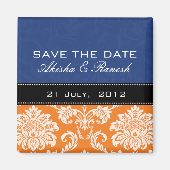 Imán Naranja azul Damask Save the Date Magnet (Frente)