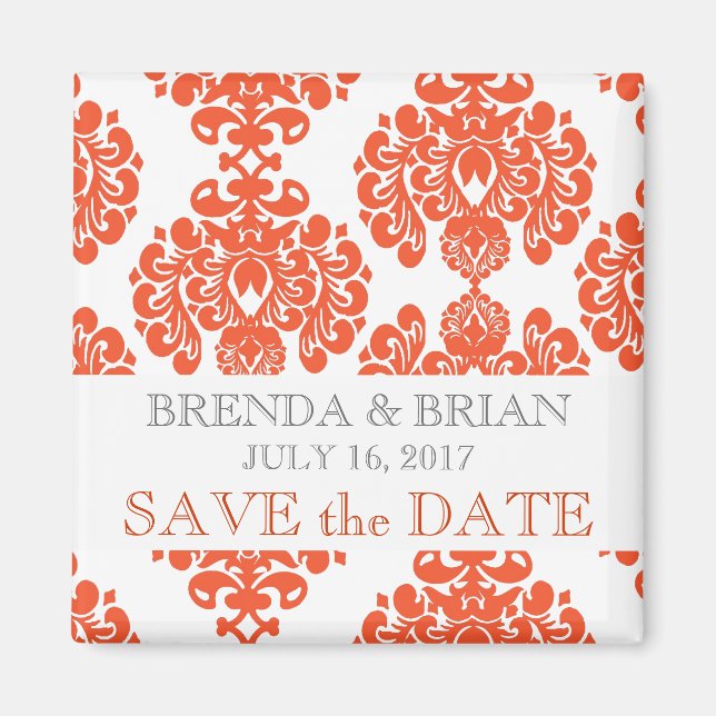 Imán Naranja Damask Wedding Save the Date (Frente)