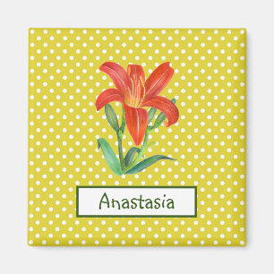 Imán Naranja de acuarela Lily Lemon Green Polka Dots