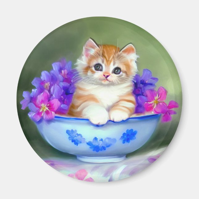 Imán Naranja de época y Ilustracion de gatito blanco (Frente)