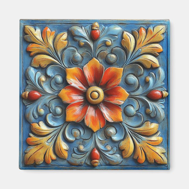 Imán Naranja floral español mexicano y azul (Frente)