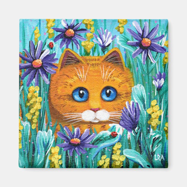 Imán Naranja gracioso Tabby Cat Mouse Flores Creacionar (Frente)