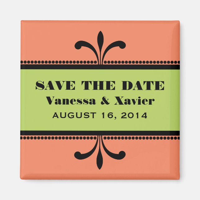 Imán Naranja/Green Fancy Art Deco Save the Date Magnet (Frente)