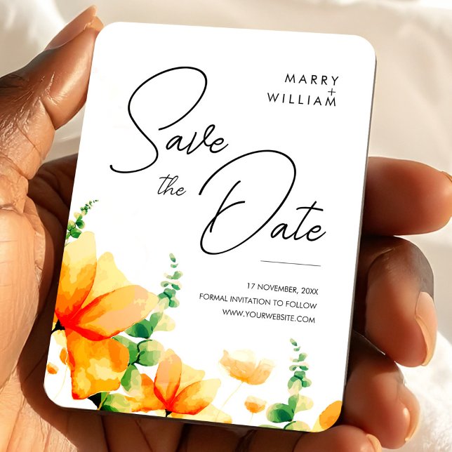 Imán Naranja Moderno Elegante Compromiso de Boda Guarda (Orange Elegant Modern Save the Date Wedding Magnet, Wedding Favor Magnet)