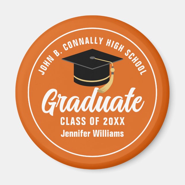 Imán Naranja Personalizado de Graduado Blanco 2025 Grad (Frente)