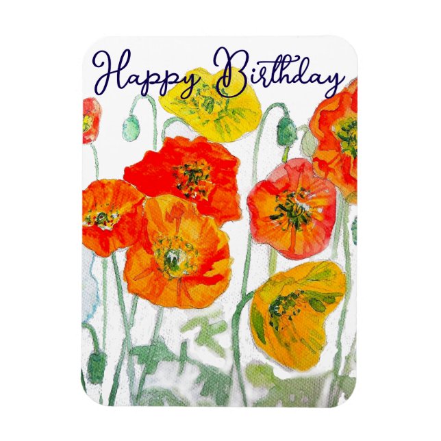 Imán Naranja Red Poppy Patrón Flor Feliz Cumpleaños (Vertical)