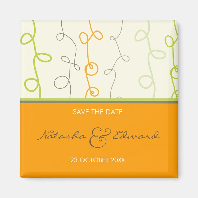 Imán Naranja Retro Green Fun Scribbles Save The Date (Frente)