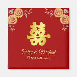 Imán Naranja rojo floral boda chino doble felicidad