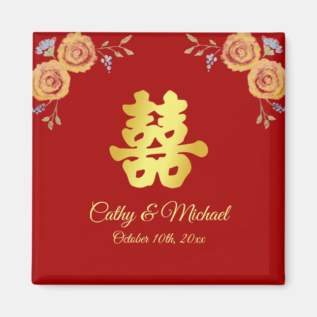 Imán Naranja rojo floral boda chino doble felicidad (Frente)