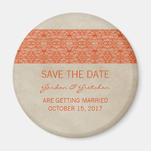 Imán Naranja Rustic Lace Save the Date Magnet