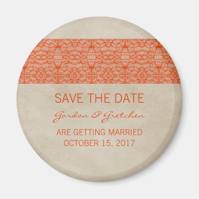 Imán Naranja Rustic Lace Save the Date Magnet (Frente)