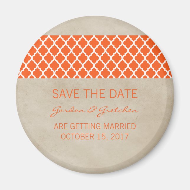 Imán Naranja Rustic Quatrefoil Save the Date Magnet (Frente)