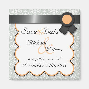 Imán Naranja y Gray Damask Save the Date Magnet