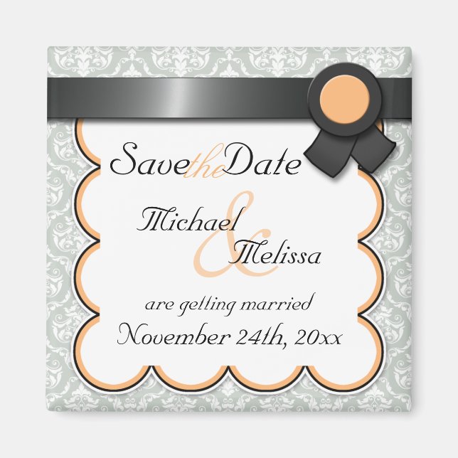 Imán Naranja y Gray Damask Save the Date Magnet (Frente)
