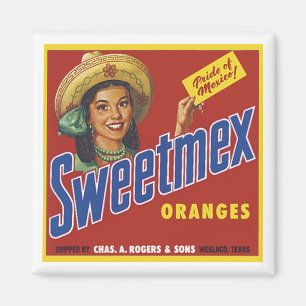 Imán Naranjas Sweetmex de época Etiqueta de la tasa de