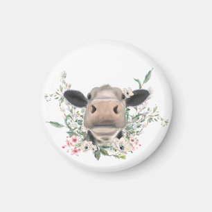Imán nariz de vaca besa flores acuarela gris animal de