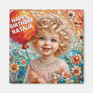 Imán NATALIA~ Feliz Cumpleaños ~ Globo de niña linda ~