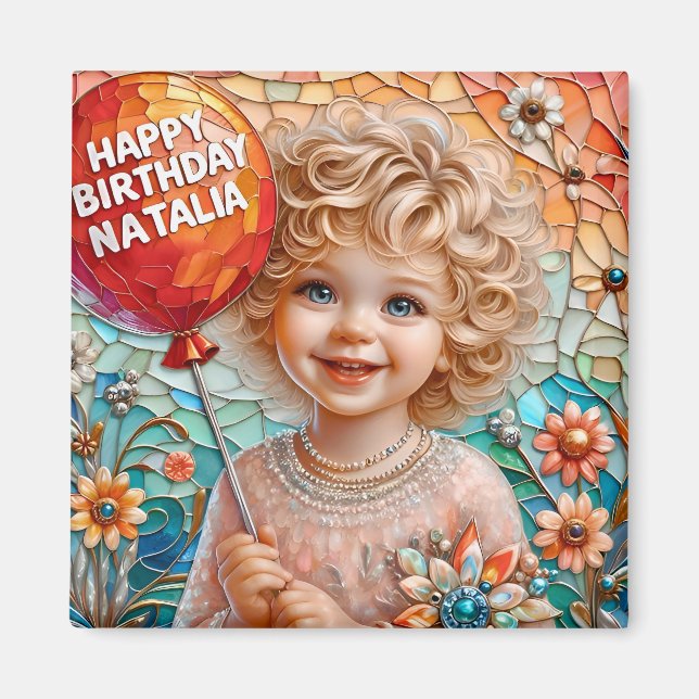 Imán NATALIA~ Happy Birthday ~ Cute Girl Balloon ~  (Frente)